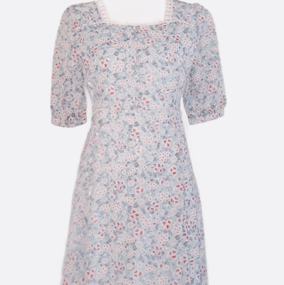 Vintage Blue Floral Print Liberty Dress Sz Small - Puff Sleeves Pearl Trim Dress - Picture 3 of 13